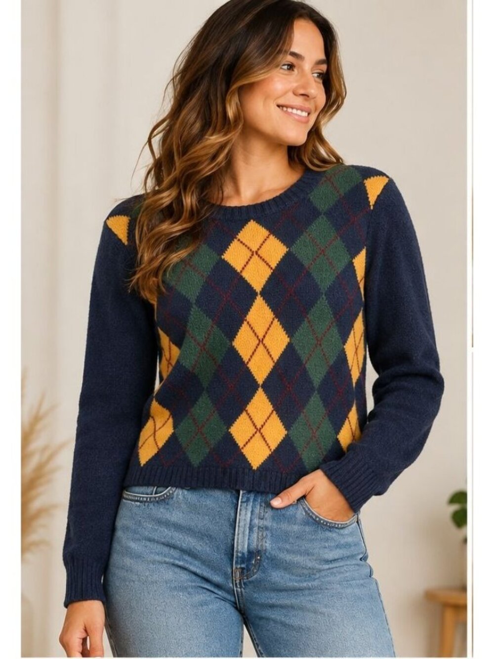 American Eagle Womens M Argyle Sweater Grandpa Core Preppy Academia Y2K Heritage